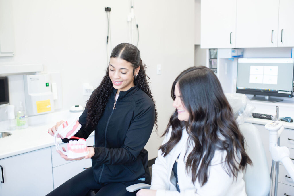 Hygienist explaining dental care using tooth model